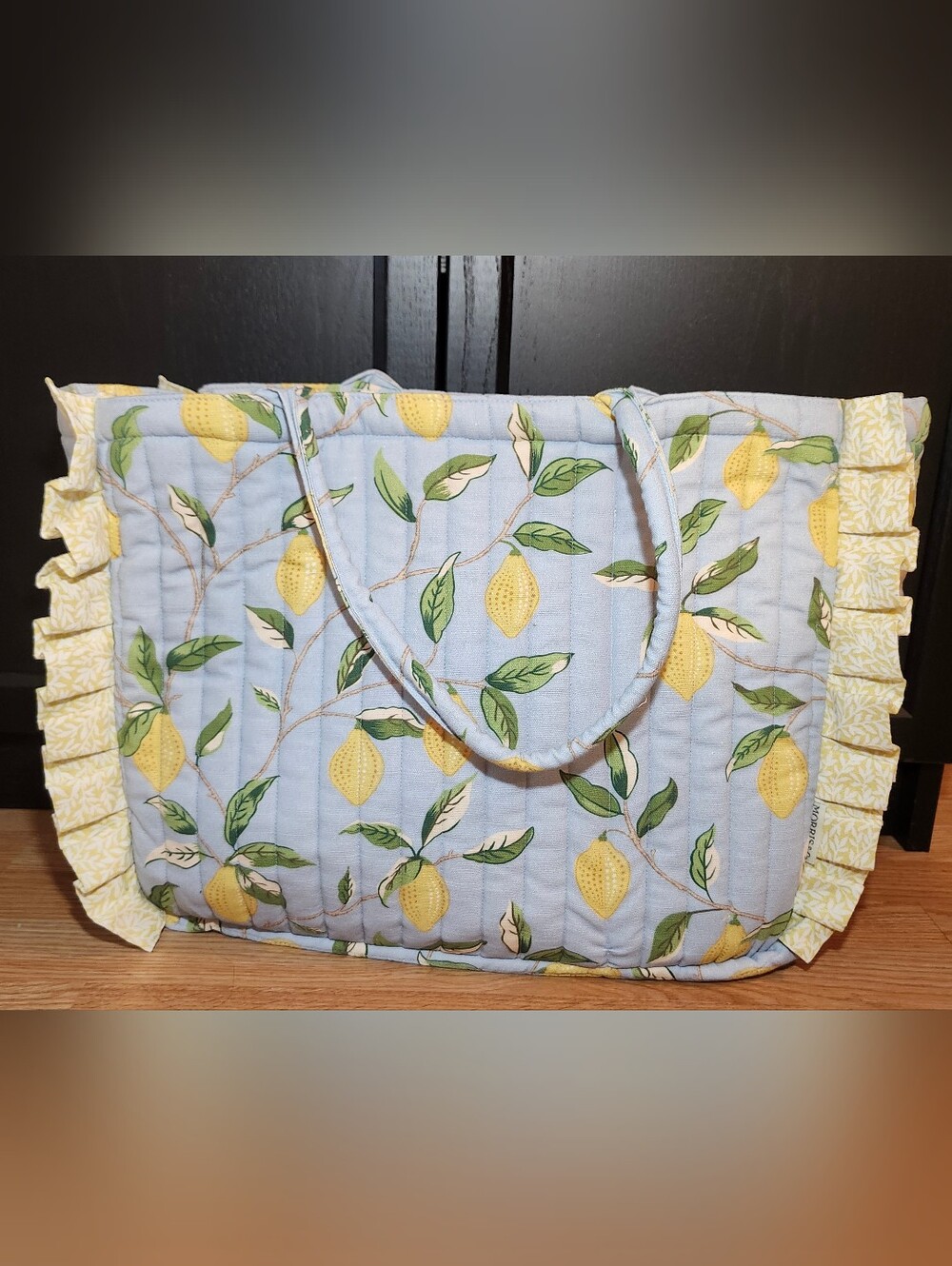 RARE William Morris Quilted Lemon Print Tote Bag in Light Blue with Ruffle Trim